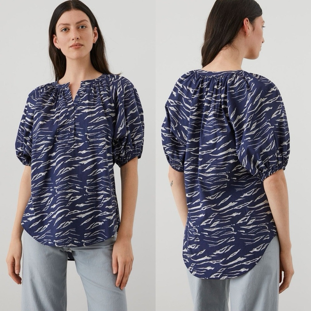 Apiece Apart Rosa Top Blouse Short Puff Sleve Navy 100% Organic Cotton Small